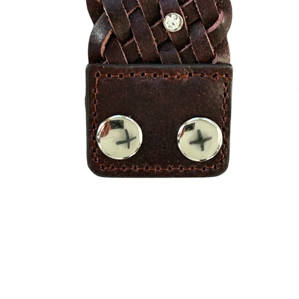 Brown Leather Snap Bracelet‎ w/ Rhinestone Flower